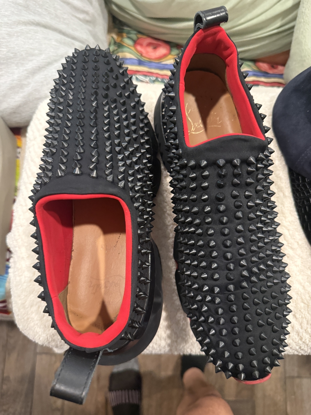 Christian Louboutin Black Studded Slip-On Loafers with Red Lining